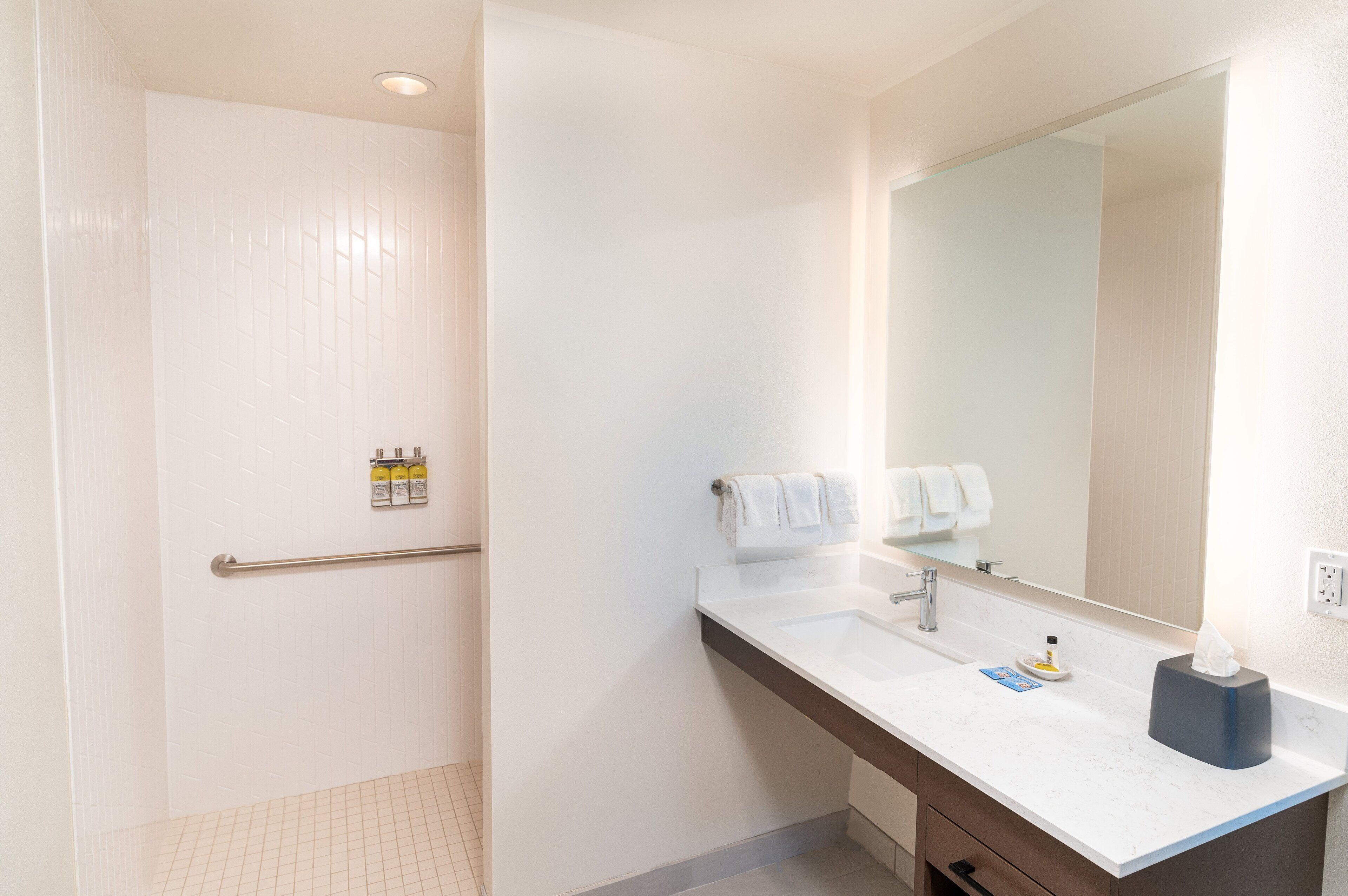 suite, 1 bedroom, kitchen (communications, roll in shower) | bathroom | free toiletries, hair dryer, towels