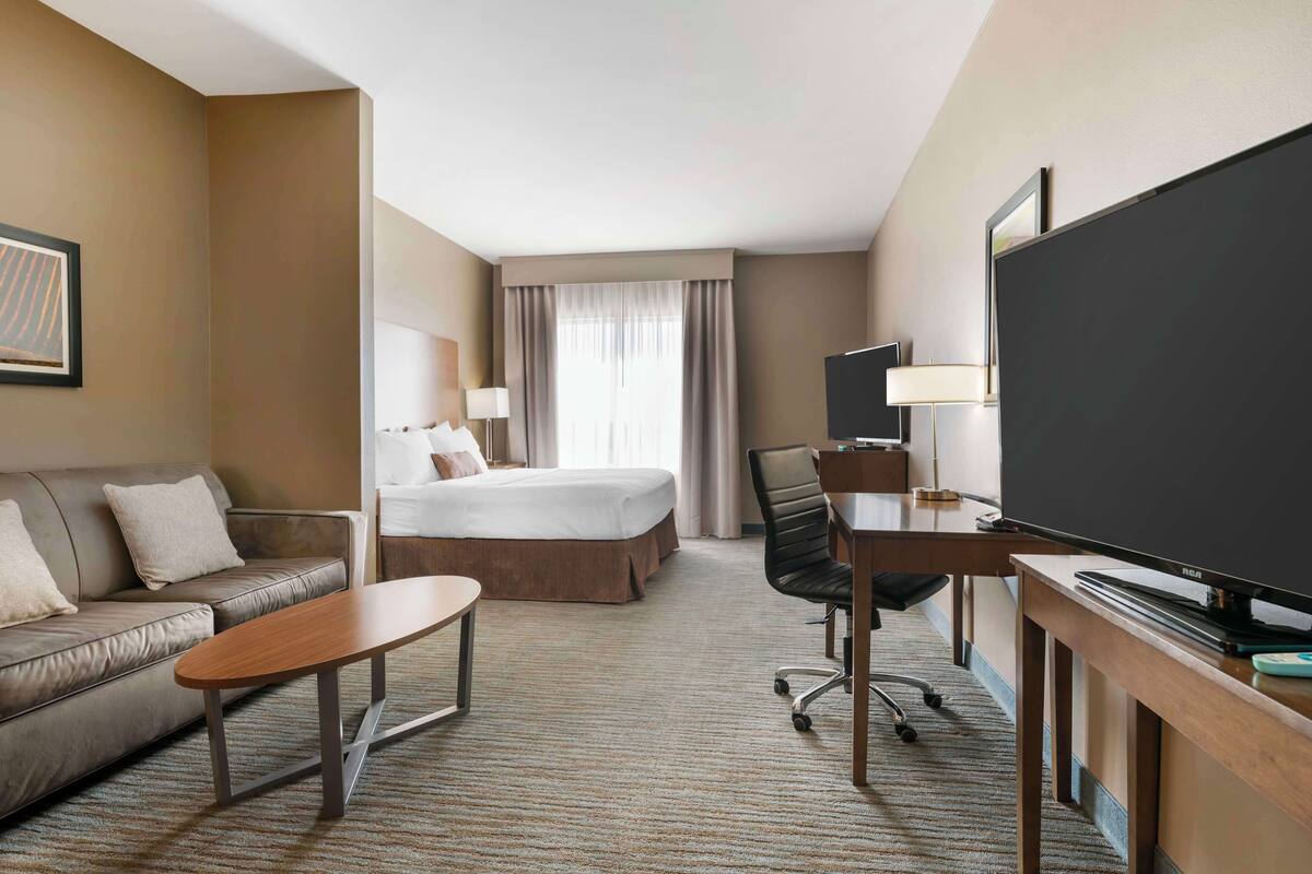 A hotel room with a bed, a sofa, a desk, a television, and a lamp.