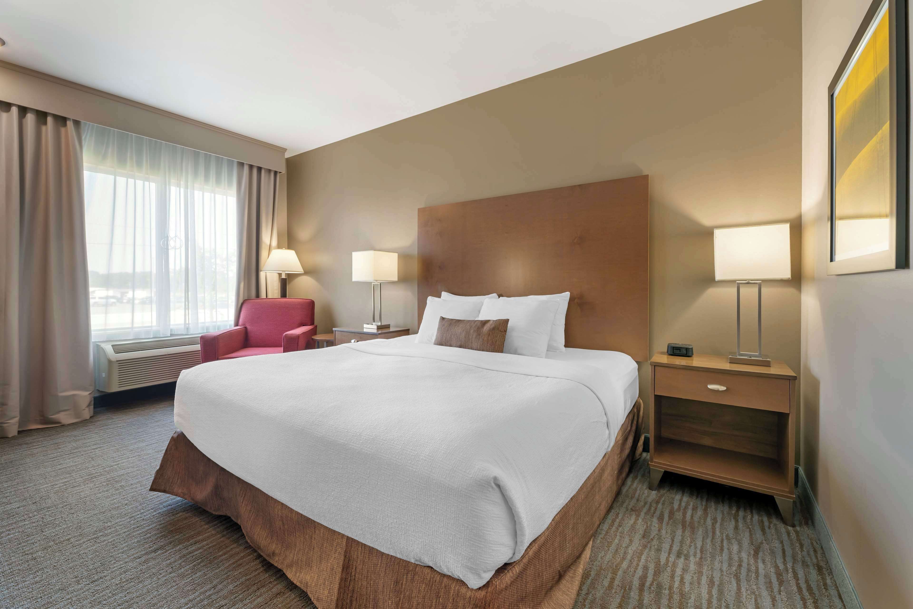 Standaard kamer, 1 kingsize bed, toegankelijk voor mindervaliden, koelkast & magnetron | Een bureau, een laptopwerkplek, een strijkplank/strijkijzer