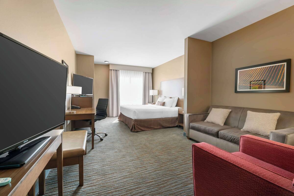 A hotel room with a bed, a desk with a computer, a television, a red armchair, a grey sofa, and a framed picture on the wall.