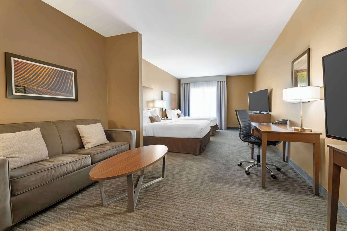 A hotel room with a sofa, a bed, a desk, a TV, and a lamp.