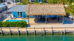 A beachfront property with a pool, a thatched-roof structure, and a view of the ocean.