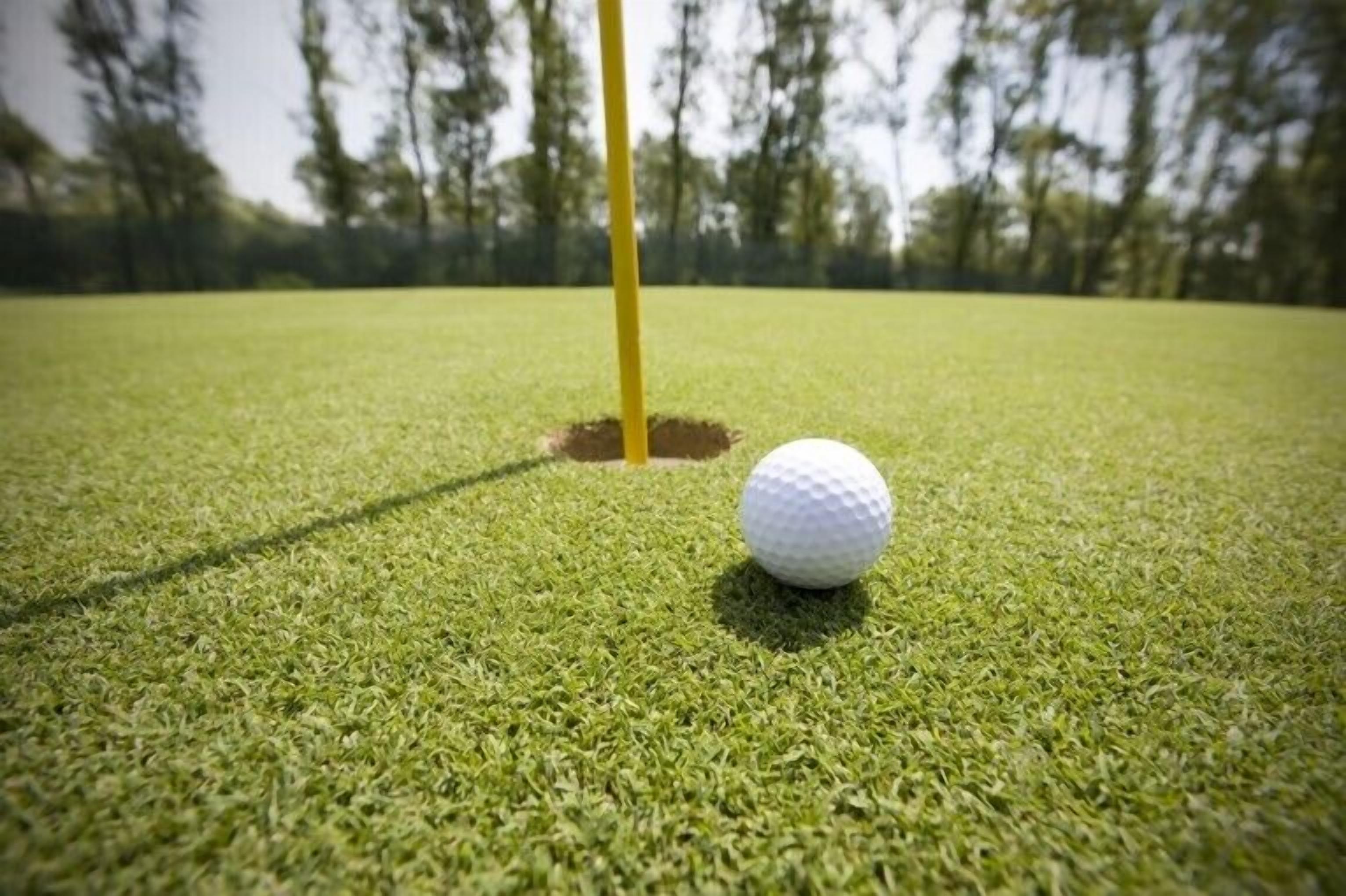A golf ball on a green with a hole in the background.