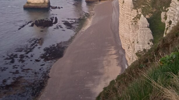 A coastal landscape with prominent white chalk cliffs and a sandy beach.