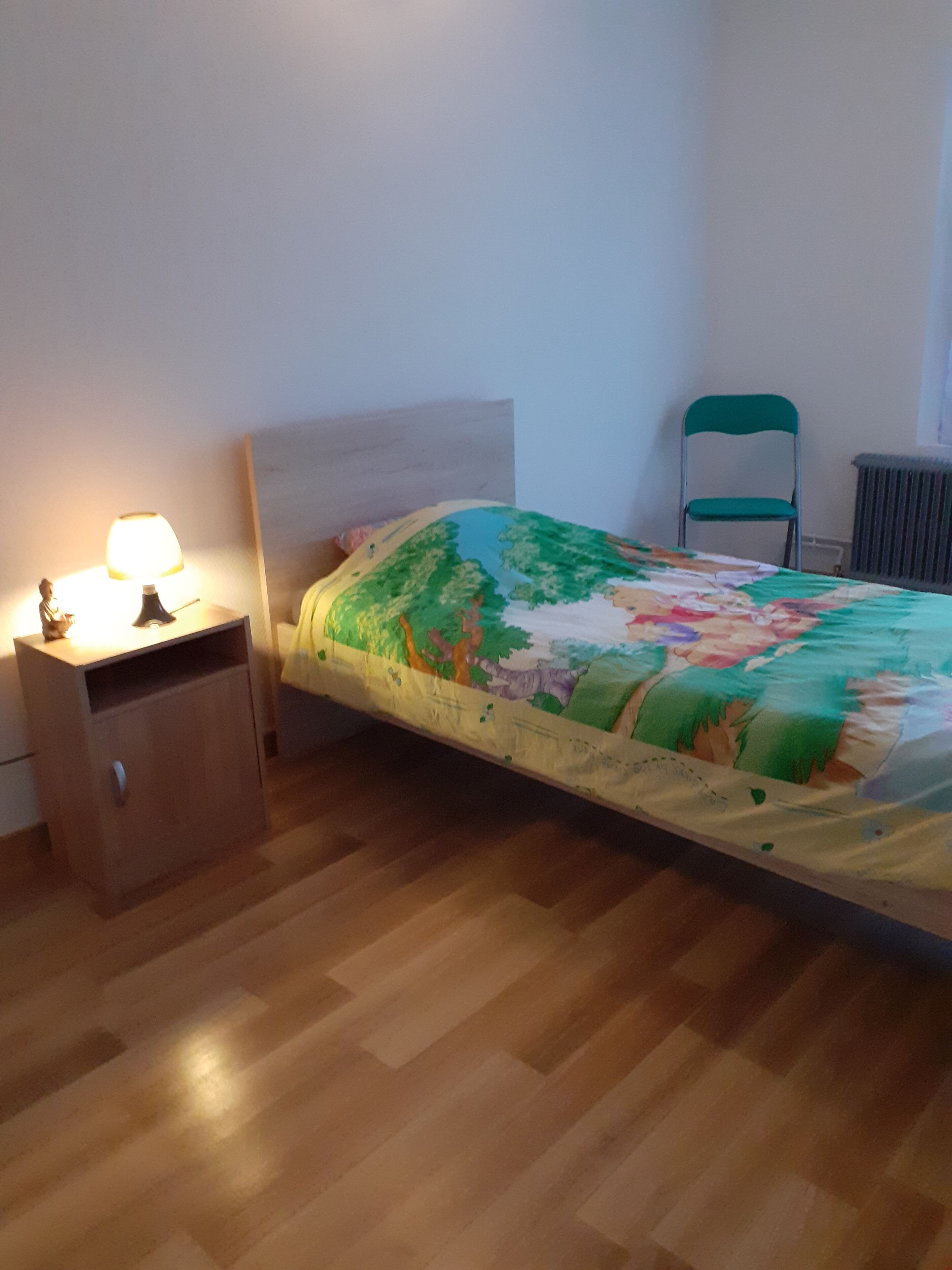 Une petite chambre à coucher avec un lit, une table de chevet avec une lampe, une chaise et un radiateur.