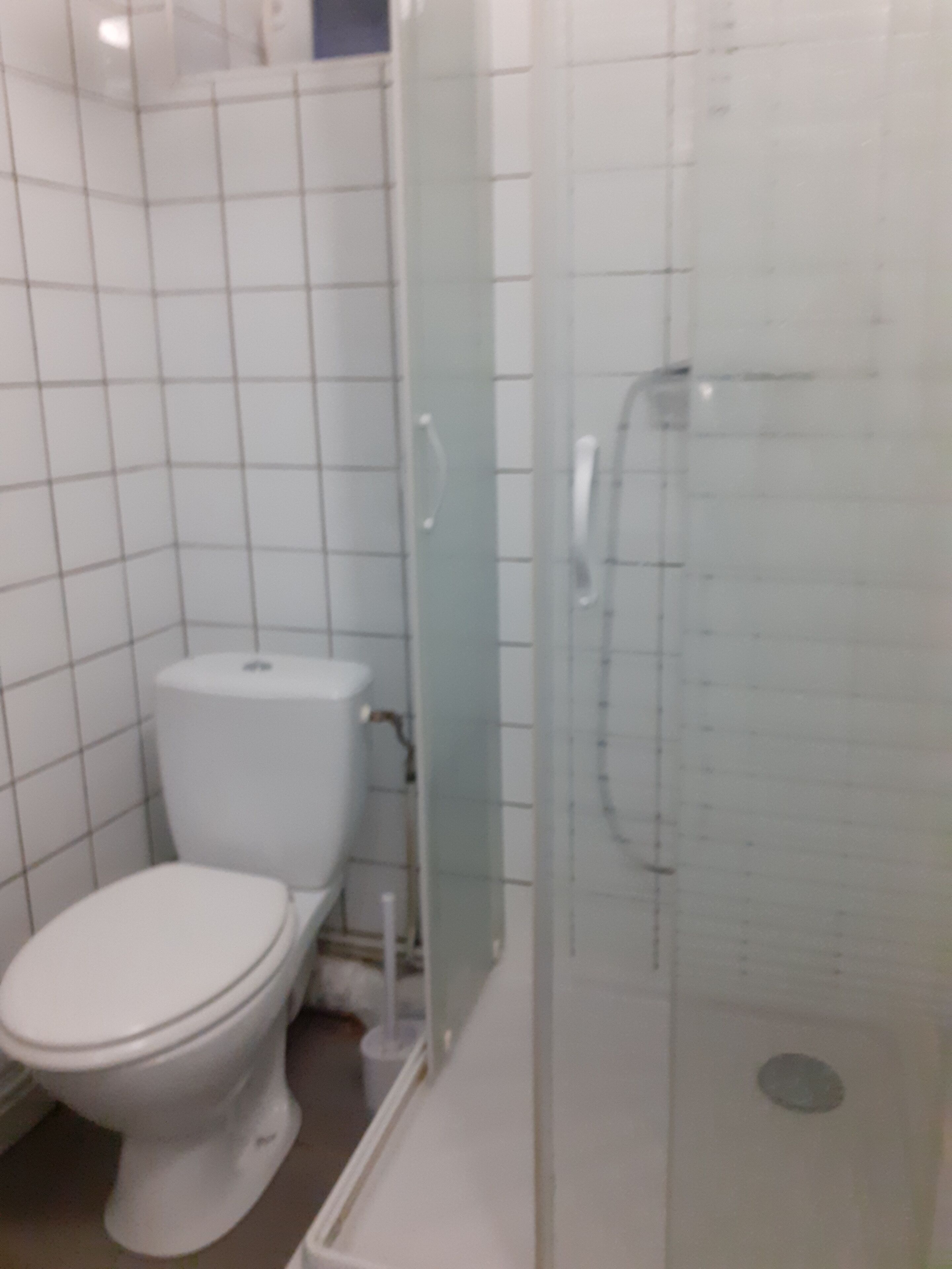 Une salle de bain équipée de toilettes, d’une douche à parois de verre et de murs carrelés.
