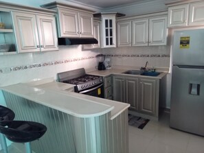 Fridge, microwave, oven, stovetop