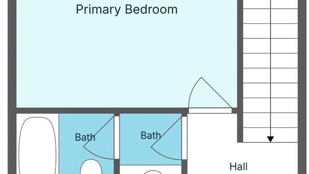 Ein Grundriss eines Hotelzimmers mit einem Moskitonetz-Balkon, Schlafzimmer, zwei Bädern, einem Flur und einem weiteren Raum.