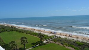 A coastal view with a beach, a grassy area, and a clear sky. - "Sunrise Sonata" Direct Oceanfront Penthouse Stunning Sunrises • Holiday Promo (Palm Coast)