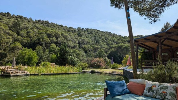 Un entorno tranquilo a orillas del río, con una terraza de madera, sillones de descanso y una zona de estar cubierta.