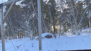 En träaltan med en fyrkantig eldstad i mitten, omgiven av snötäckt mark och träd.