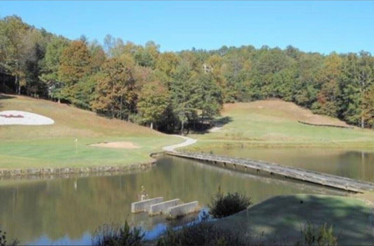 A golf course with a pond, a bridge, and surrounding wooded area.