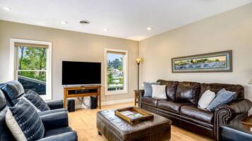 Televisión, chimenea, reproductor de DVD y estéreo