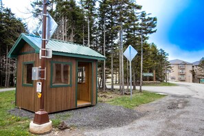 A small wooden cabin with a green roof, a utility pole with a sign, and a road leading to a building labeled "Latherbar."