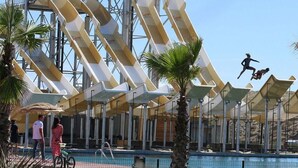 A pool area with a water slide and palm trees. - VILLA BIDAOUS 4*-heated pool, table tennis, 3 bicycles, real table football-Messanges (Messanges)