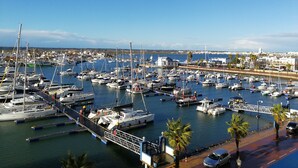 Un puerto deportivo con numerosas embarcaciones amarradas, un puente peatonal y un paisaje urbano costero al fondo.