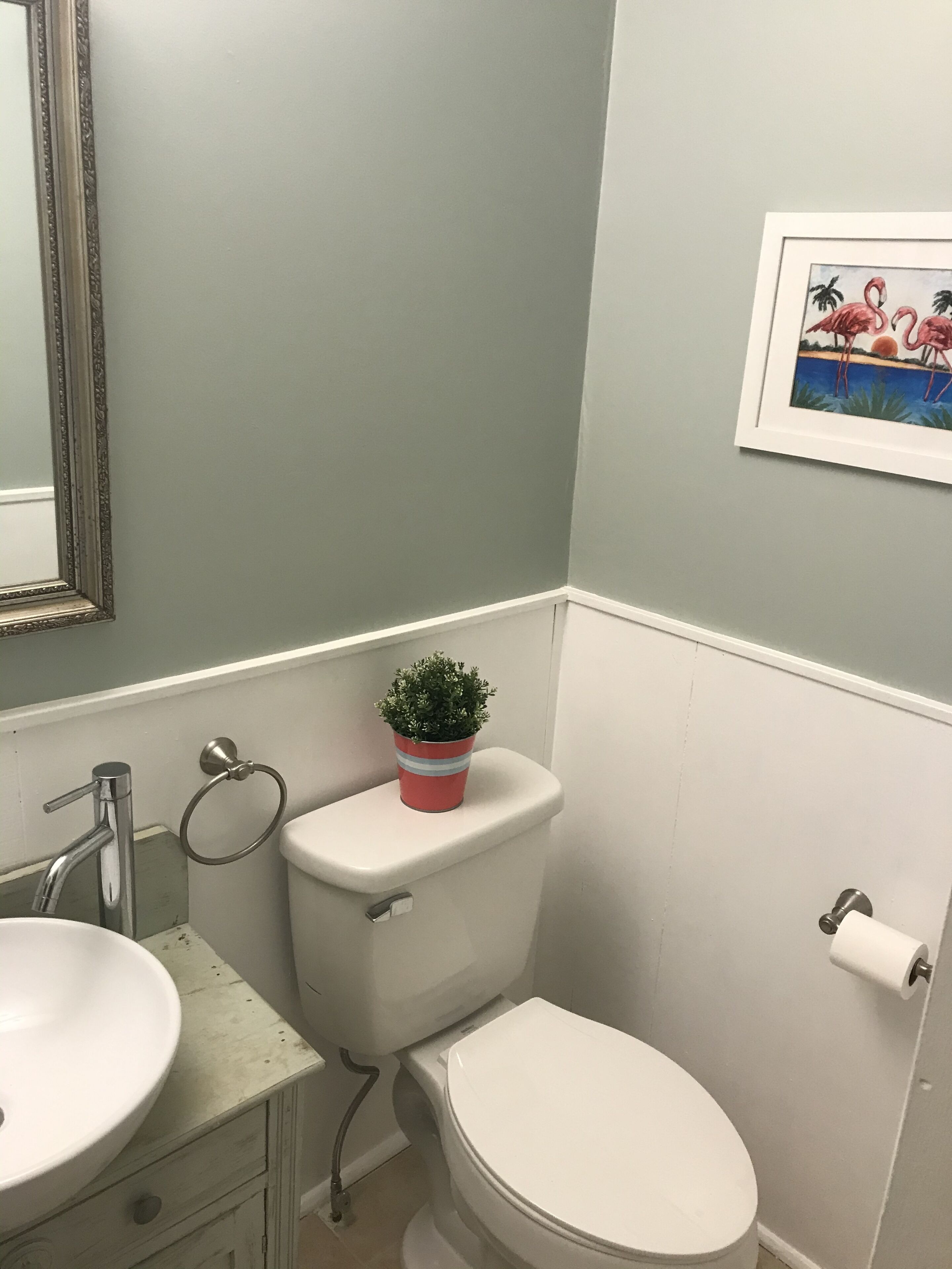 Un baño con inodoro, lavamanos y una planta en el tanque del inodoro.