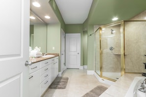Combined shower/bathtub, jetted bath, hair dryer, towels