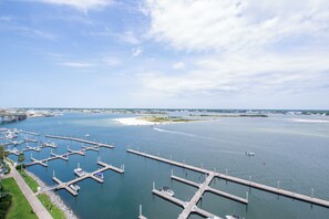 A marina with multiple docks and boats, a clear sky, and a distant shoreline with buildings.