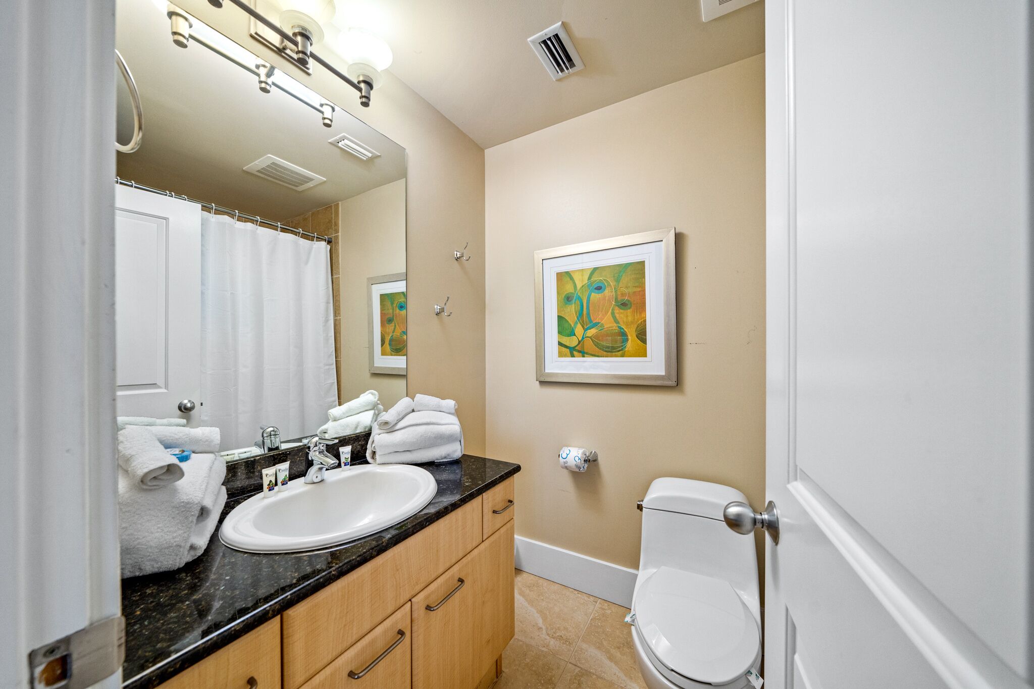 A bathroom with a sink, mirror, toilet, and a framed artwork on the wall.