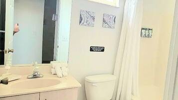 Combined shower/bathtub, hair dryer, towels, soap