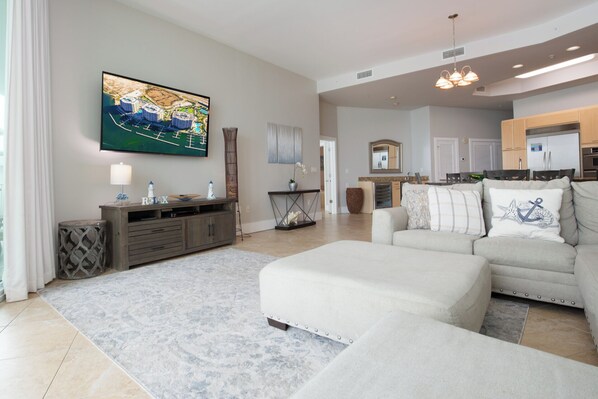 Älytelevisio, pöytätennispöytä, kirjoja, stereot