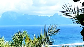 Un paisaje tropical con vista al océano y montañas al fondo.