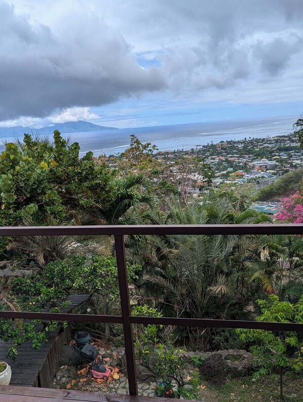 A coastal view with lush greenery and a distant beach.
