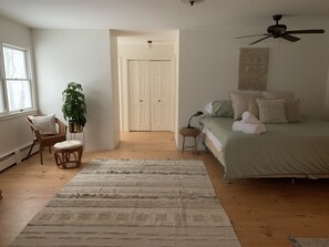 Un dormitorio con una cama, una silla, una planta, una alfombra y un ventilador de techo.