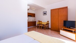 Una habitación con cama, televisor sobre un mueble bajo, mesa de comedor con sillas, zona de cocina y armario.