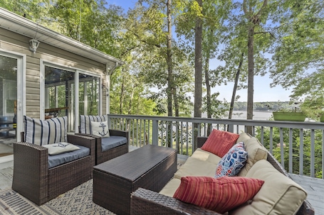 Terrace/patio. Waterfront 3BR/3BA Getaway: Beach, Dock, Firepit! AMAZING Sweeping VIEWS!