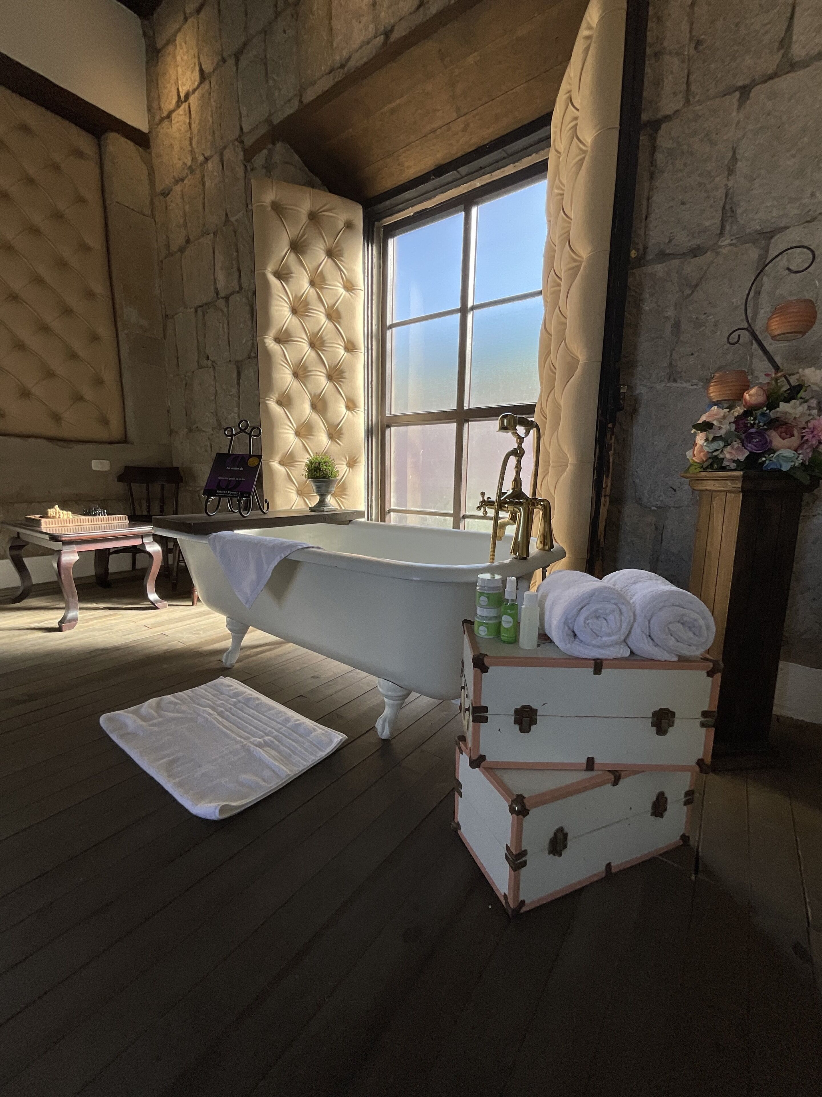 A room with a large window, a bathtub, a suitcase, and a small table with a plant.
