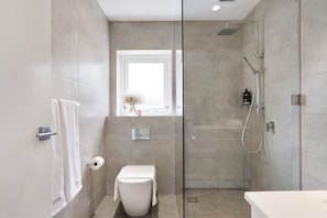 Shower, hair dryer, towels, soap