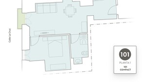 Un plan d’étage d’une chambre d’hôtel compacte, portant la mention « PLANTA 1 », comprenant une kitchenette, une salle de bain et un coin salon.