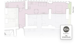 Plano de planta de un apartamento tipo estudio, identificado como '104 Studio Plaza', con kitchenette, comedor y sala de estar.