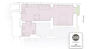 A floor plan of a studio apartment labeled 'PLANTA 2' at '205 STUDIO PLAZA'. It includes a kitchenette, a dining area, a living room, and a bathroom.