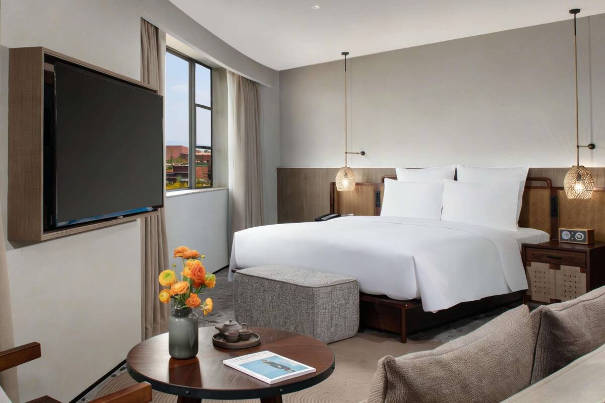 A hotel room with a bed, a TV, a bedside table with a vase of flowers, and a view of the city.