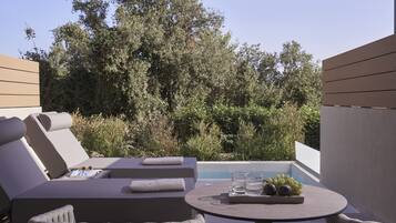 Ein sonniger Außenbereich mit Liegebereich, Pool, gepolsterten Sitzmöglichkeiten und einem Tisch mit Obstschale und Gläsern.