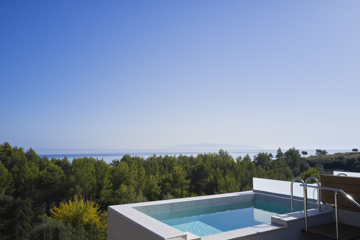 A rooftop infinity pool with a clear view of the sea and surrounding greenery.