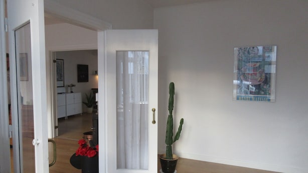 Een open deur die uitkomt op een woonruimte met een cactussplant, een ingelijste afbeelding en een houten vloer.
