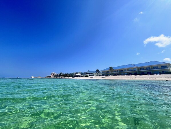 On the beach, sun loungers, beach towels