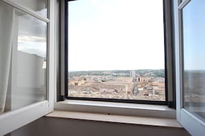 A window with a view of a cityscape, including buildings and a distant hill.