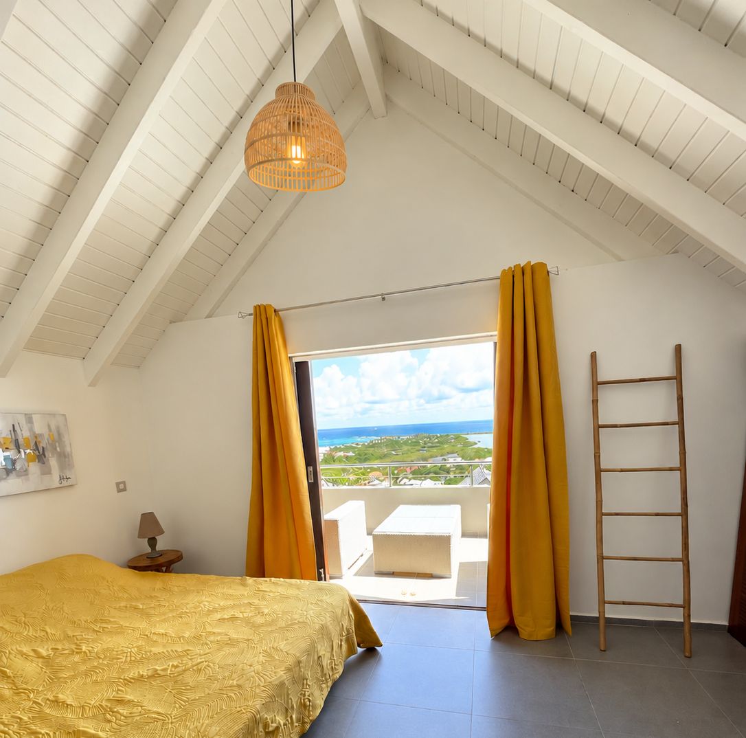 A bedroom with a bed, a window with curtains, a view of the landscape, and a ladder.