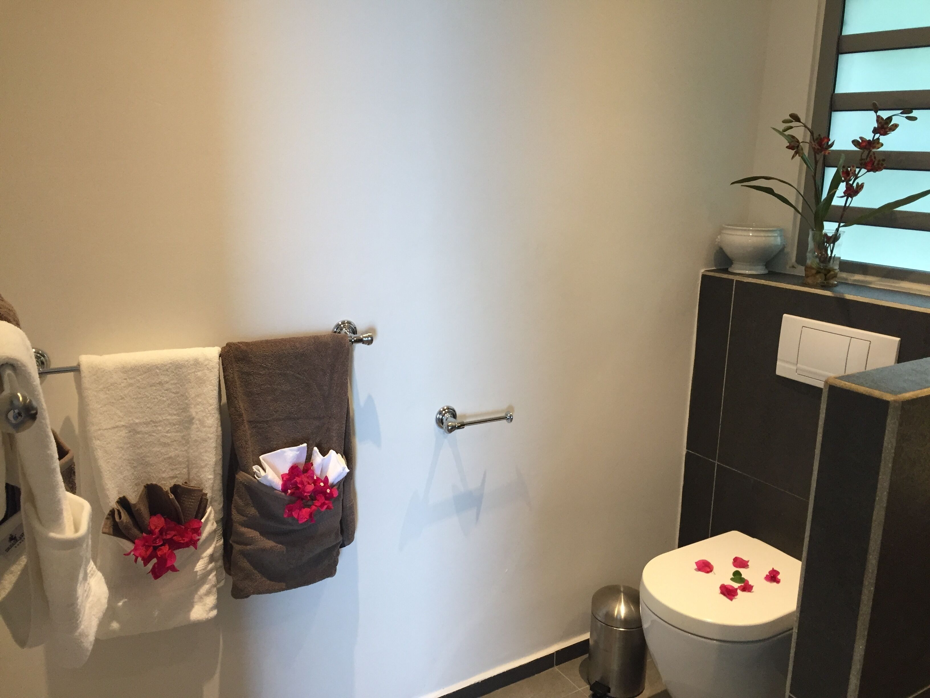 Een badkamer met een toilet, een handdoekhouder met twee handdoeken en een prullenbak.