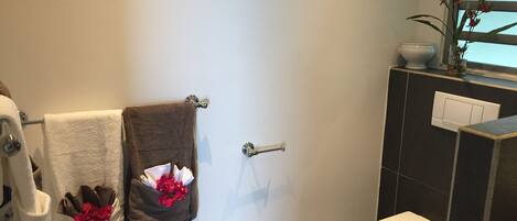 Een badkamer met een toilet, een handdoekhouder met twee handdoeken en een prullenbak.