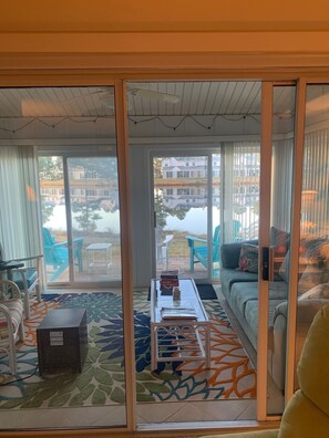 Smart TV, fireplace, books