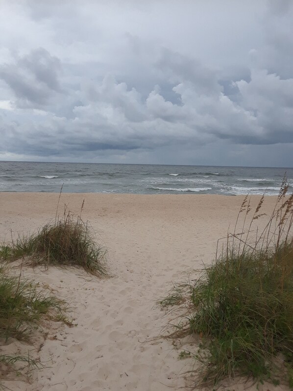 Beach nearby, sun loungers