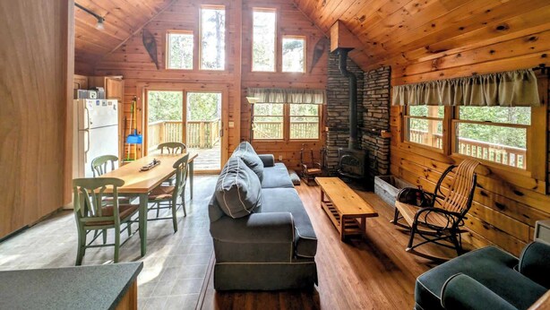 L’intérieur d’une cabane comprend un coin repas, un canapé, une cheminée et des murs en bois.