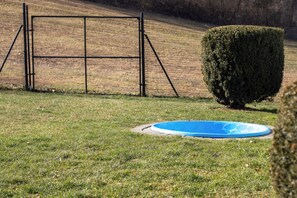 A grassy area with a blue inflatable pool, a metal fence, and a neatly trimmed hedge.