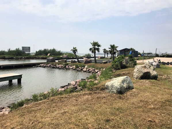 A lakeside park with a dock, large rocks, palm trees, and a building in the background.
